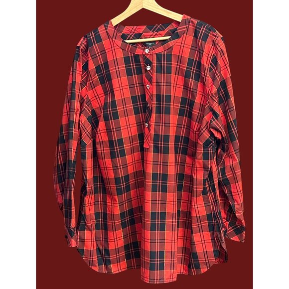 NWOT Talbots Red Plaid Rhinestone Button Front Tunic Blouse Classic Preppy 3X - Picture 1 of 6